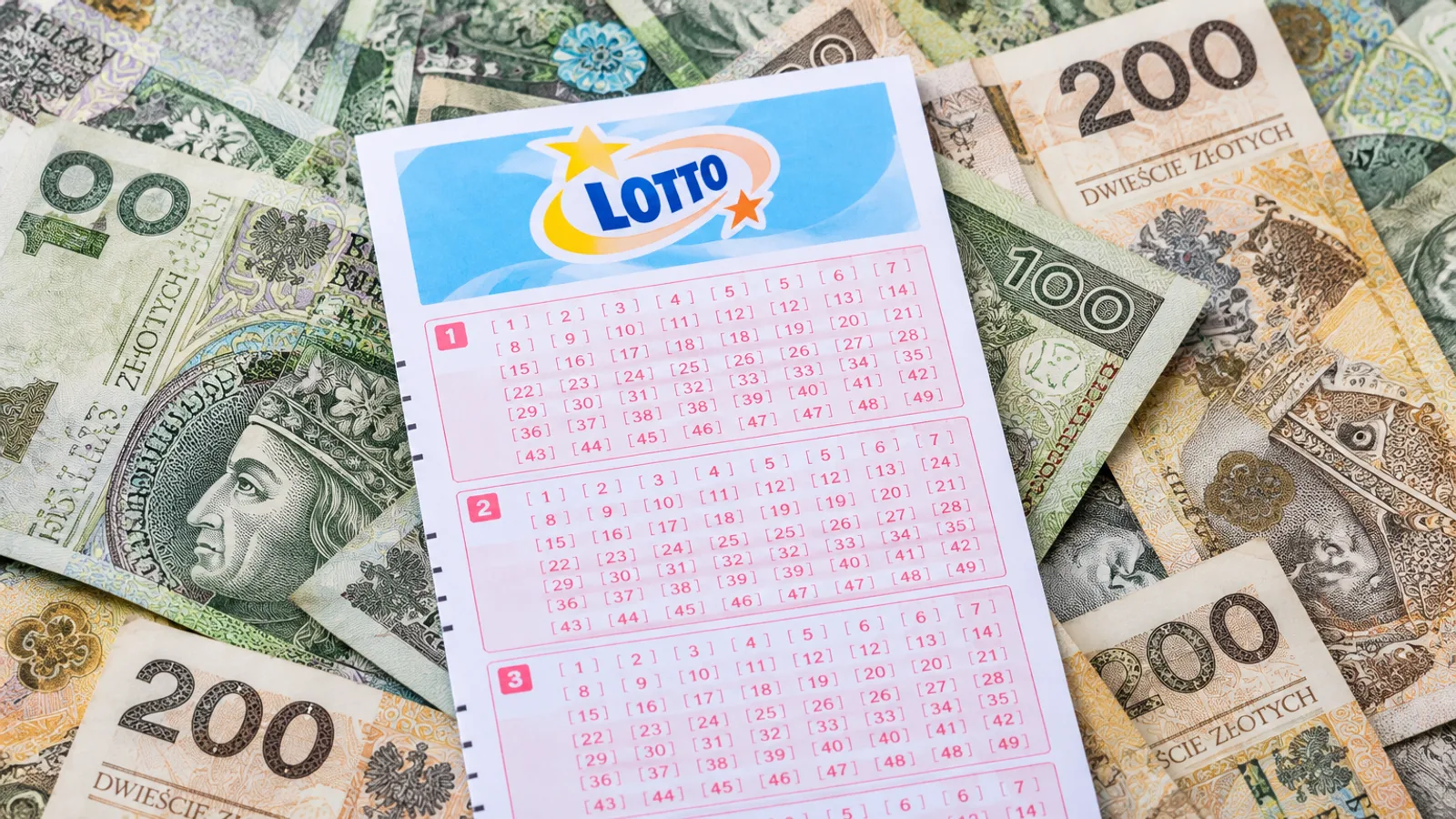 Kupon na stosie banknotów 100 i 200 zł
