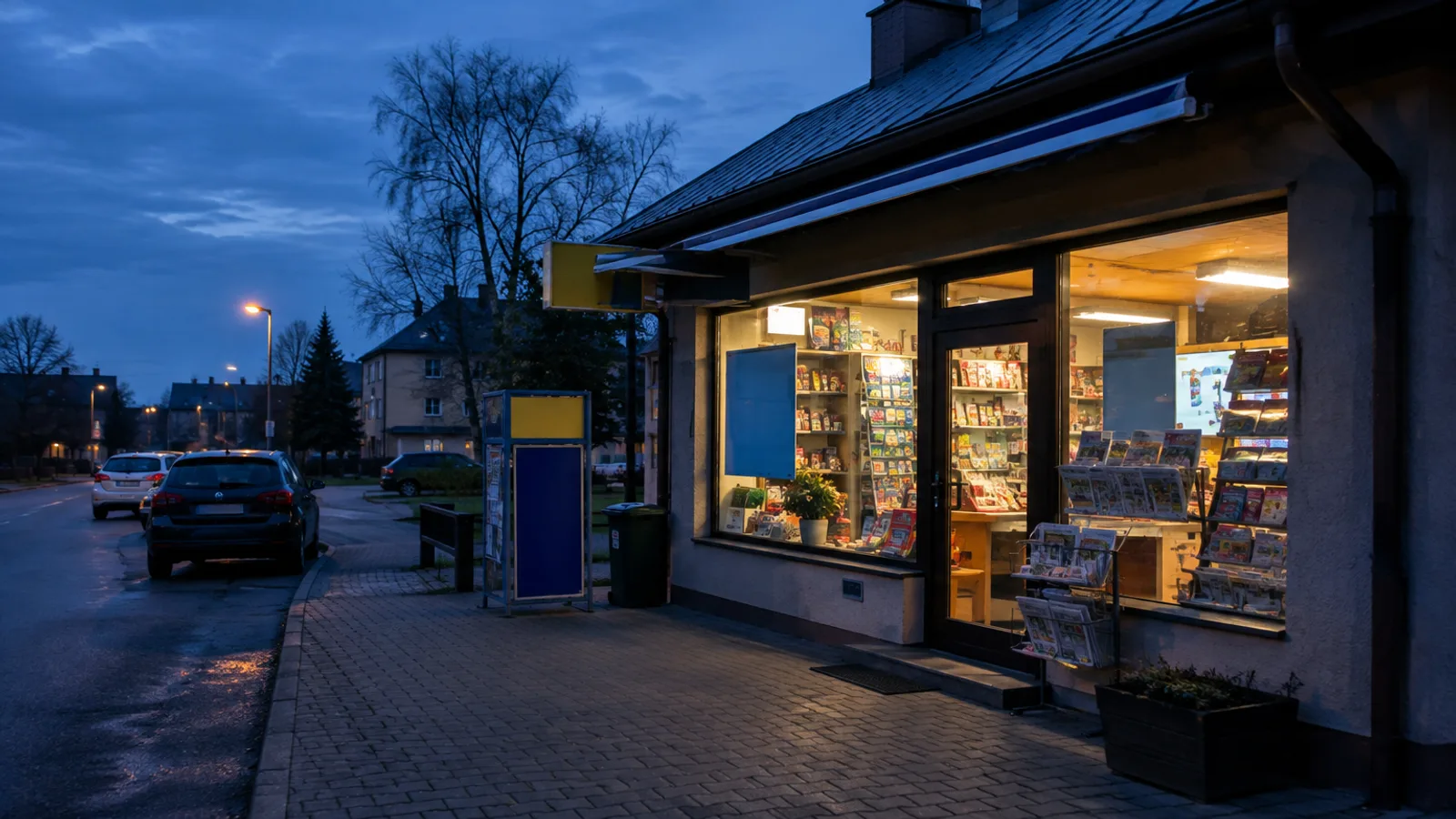 Oświetlony punkt z kuponami Lotto w małym mieście