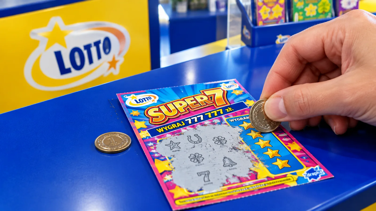 Zdrapka i moneta na ladzie punktu LOTTO