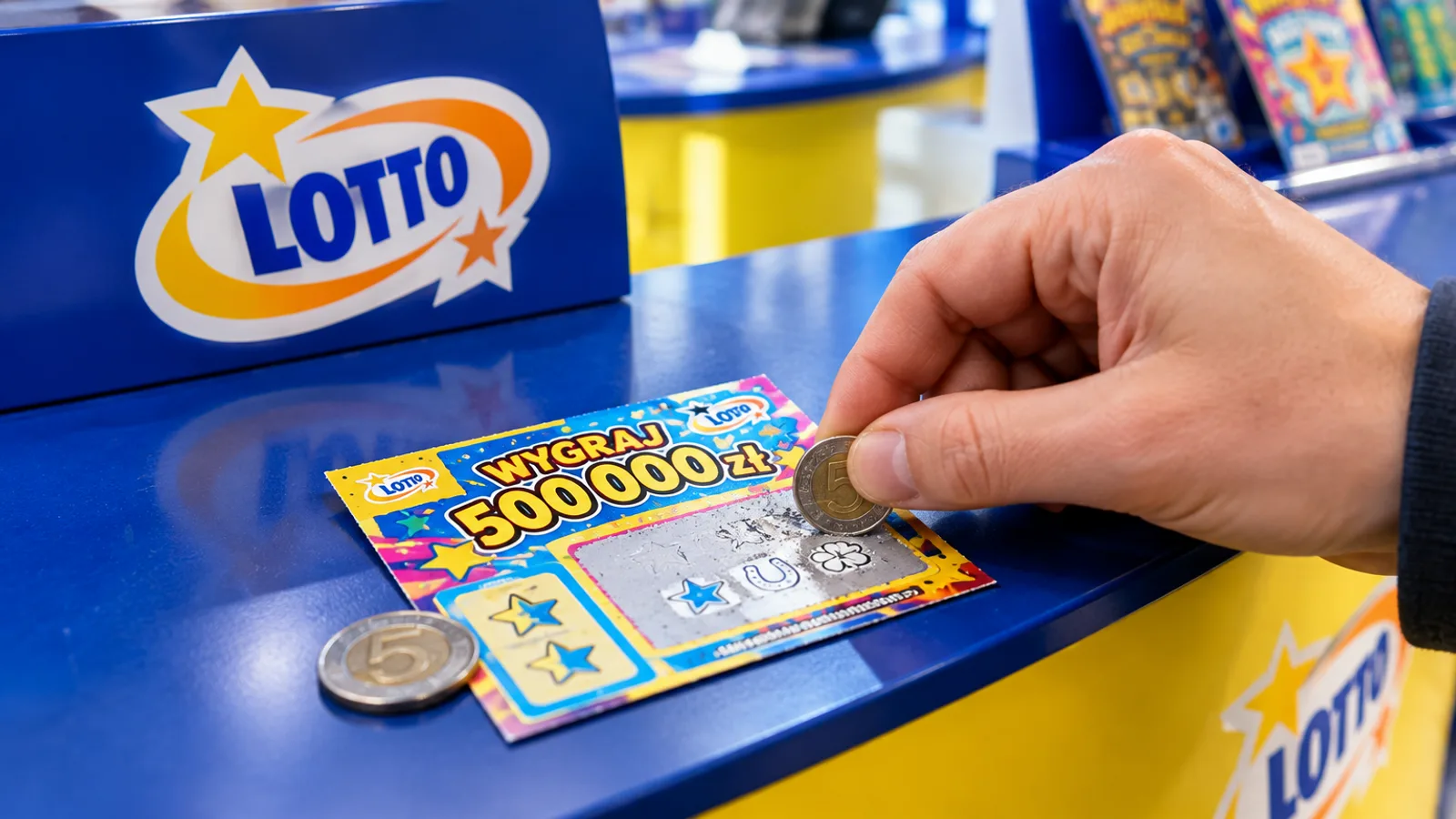 Zdrapka i moneta na ladzie punktu LOTTO