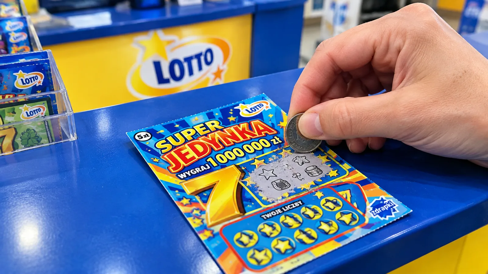 Zdrapka i moneta na ladzie punktu LOTTO