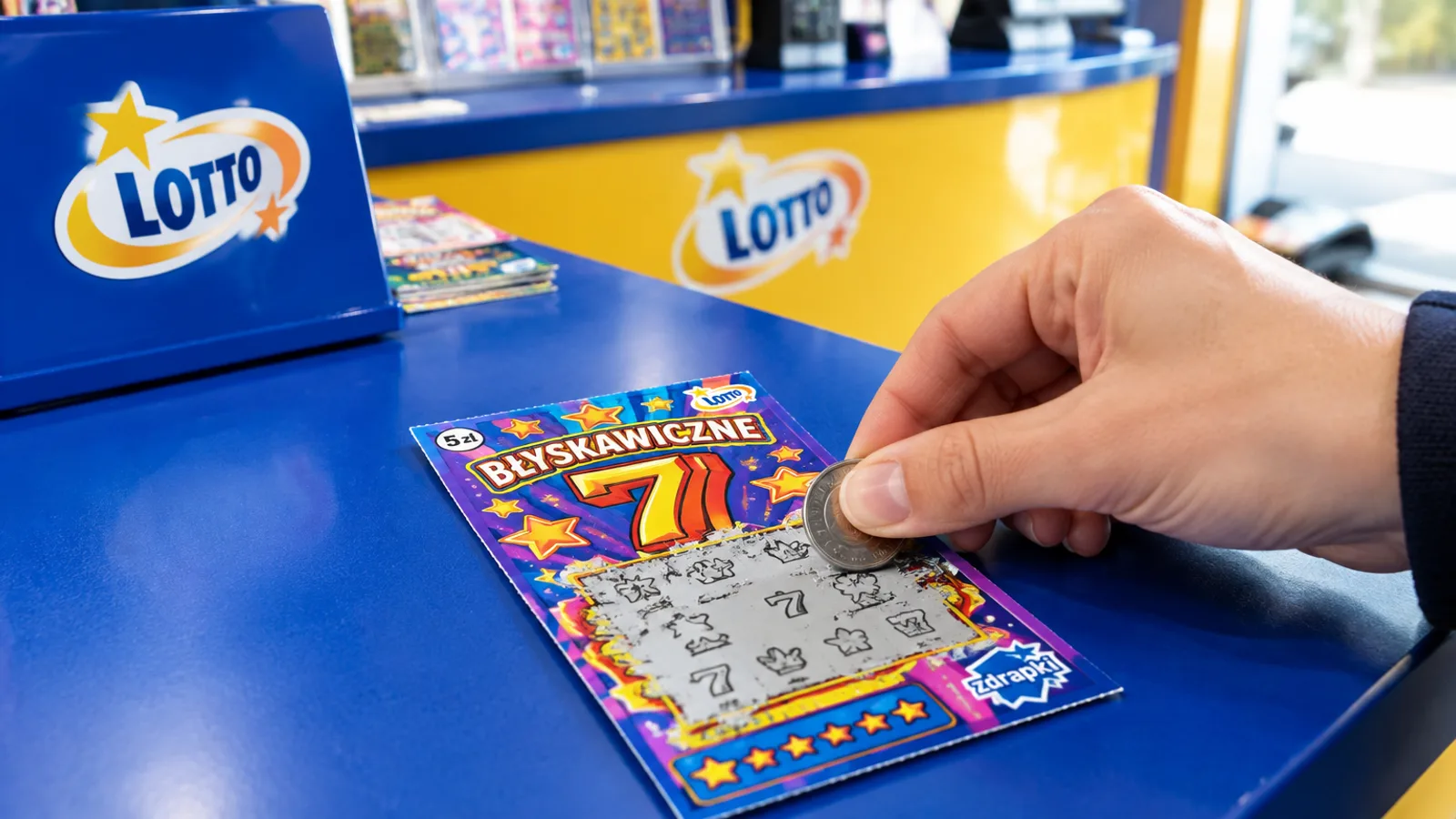 Zdrapka i moneta na ladzie punktu LOTTO