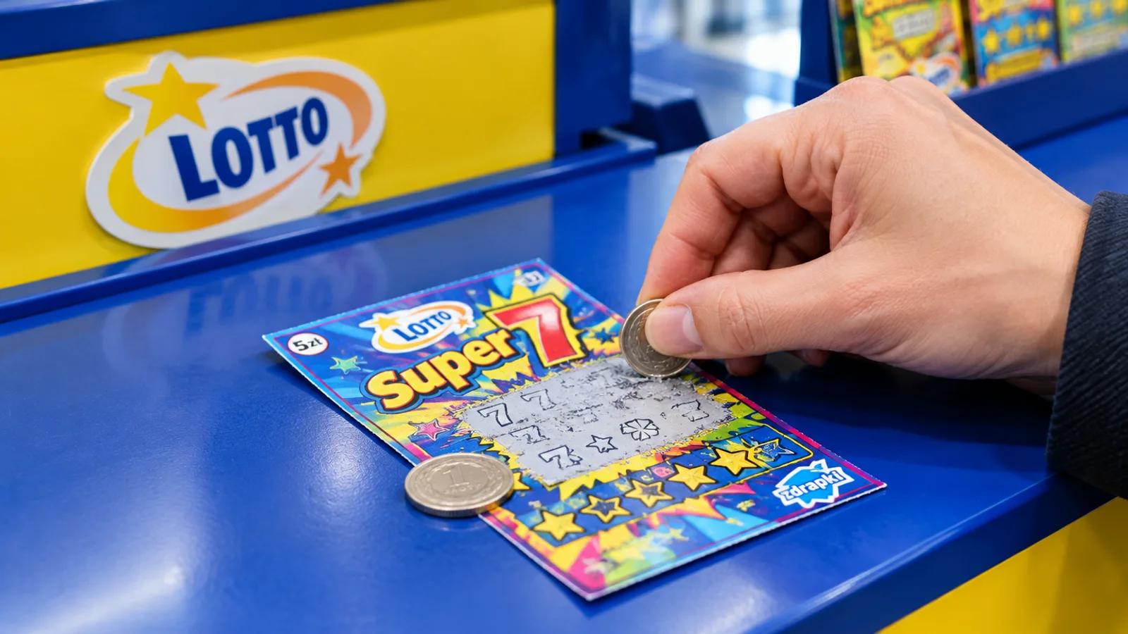 Zdrapka i moneta na ladzie punktu LOTTO